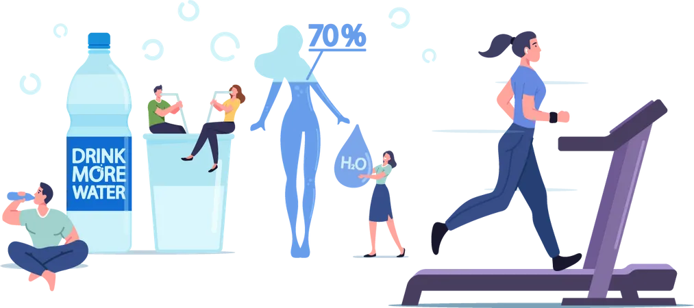 Les gens boivent de l’eau et une femme exerce sur un tapis roulant  Illustration