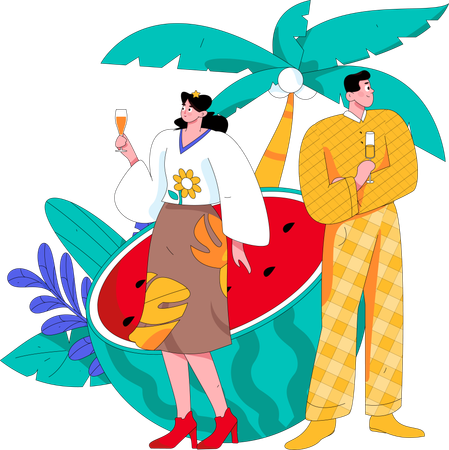 Les gens boivent du jus de fruit à la plage  Illustration