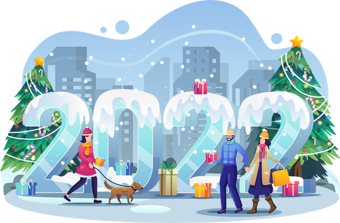 Les gens célèbrent le Nouvel An en se promenant en hiver avec leur couple et leurs animaux de compagnie  Illustration