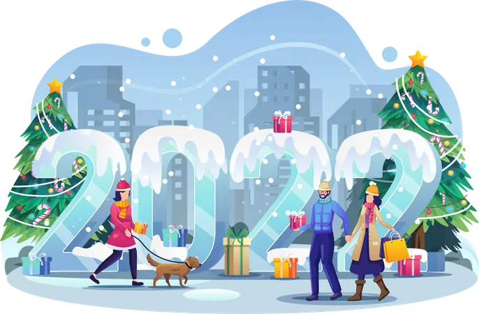 Les gens célèbrent le Nouvel An en se promenant en hiver avec leur couple et leurs animaux de compagnie  Illustration