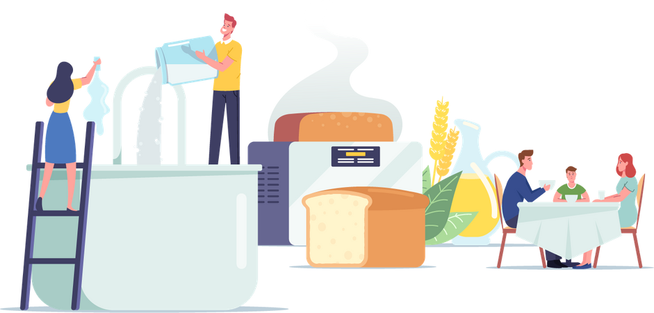 Les gens cuisinent et mangent des produits de boulangerie frais  Illustration