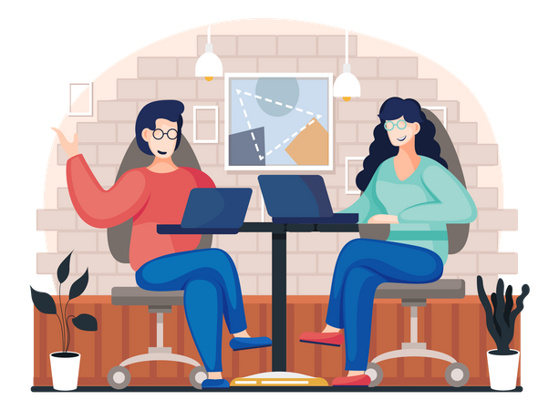 Les gens d'affaires sont assis dans un café et communiquent en ligne  Illustration
