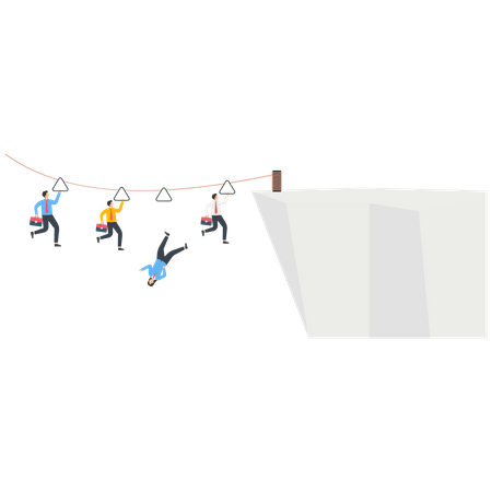 Les hommes d'affaires utilisent des cordes pour glisser vers une autre montagne et risquent de tomber de la falaise en glissant  Illustration
