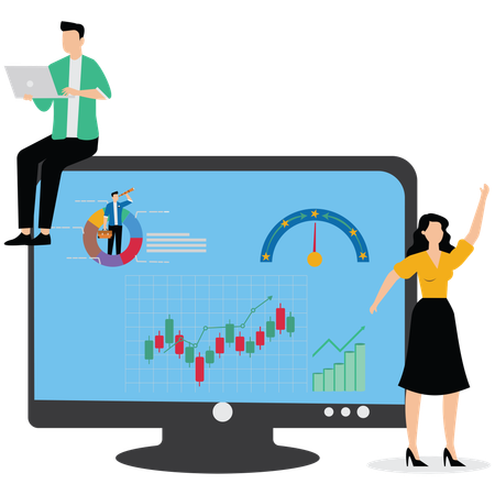 Les gens d'affaires aident à analyser les données sur le tableau de bord de l'écran de l'ordinateur  Illustration