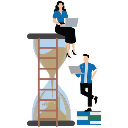 Les gens d'affaires analysent le graphique du temps en sablier pour gérer efficacement la feuille de temps des employés  Illustration