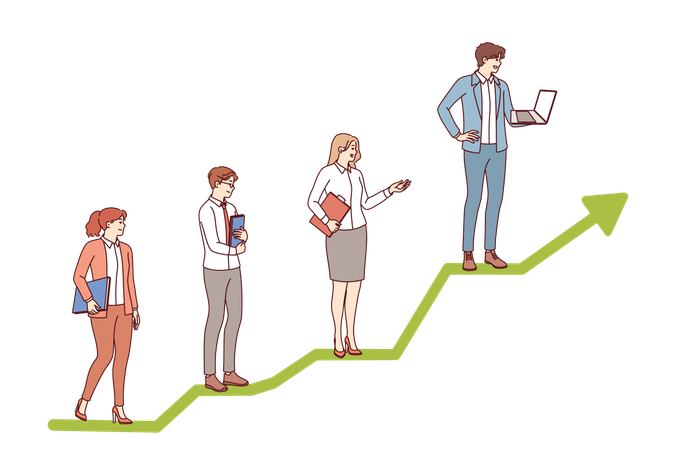 Les gens d'affaires se tiennent sur la ligne de progression de carrière sous forme de tableau recevant des promotions en raison d'un bon travail  Illustration