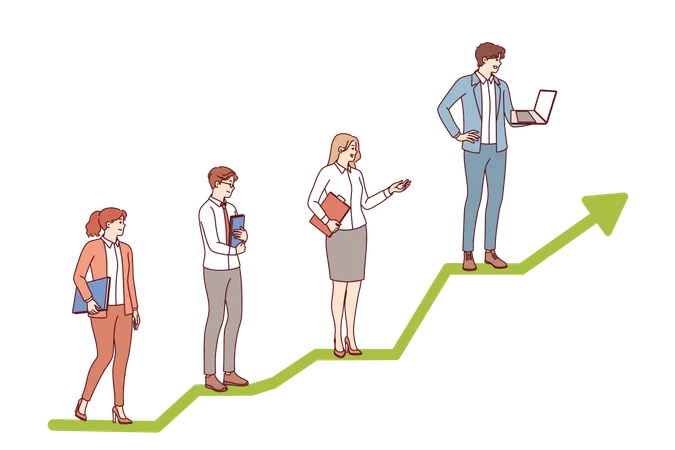 Les gens d'affaires se tiennent sur la ligne de progression de carrière sous forme de tableau recevant des promotions en raison d'un bon travail  Illustration