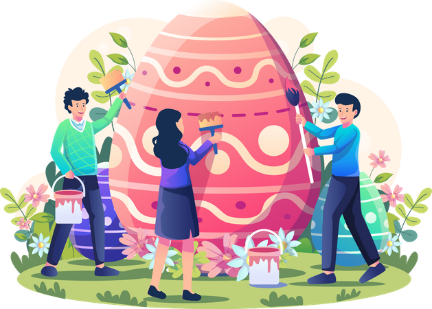 Les gens décorent et peignent un œuf de Pâques géant  Illustration