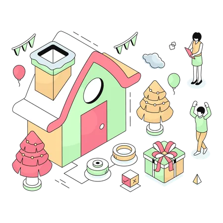 Les gens décorent la maison de Noël  Illustration