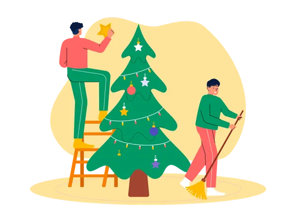 Les gens décorent le sapin de Noël  Illustration