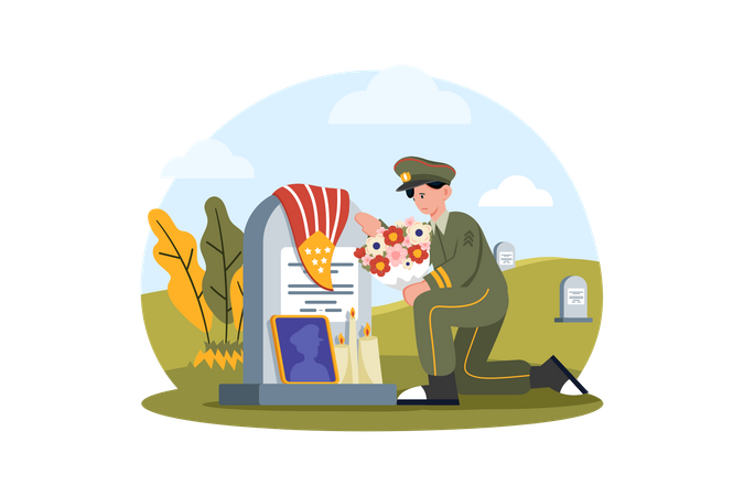 Les gens décorent leurs tombes avec des drapeaux et des fleurs pour montrer leur respect et leur gratitude  Illustration