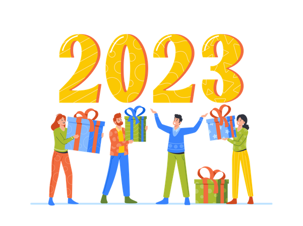 Les gens échangent des cadeaux en grand nombre en 2023  Illustration