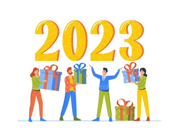 Les gens échangent des cadeaux en grand nombre en 2023  Illustration