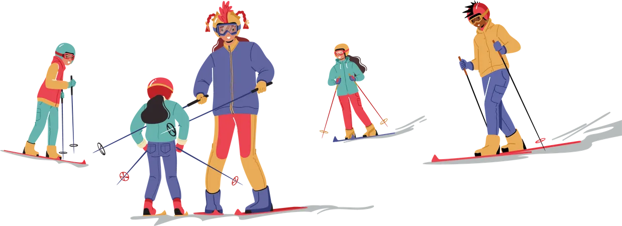 Les gens font du ski sur glace en hiver  Illustration