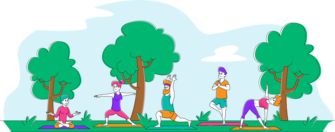 Les gens font du yoga dans le parc  Illustration