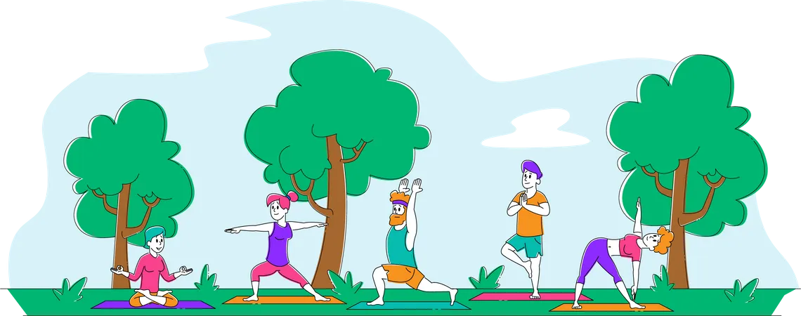 Les gens font du yoga dans le parc  Illustration