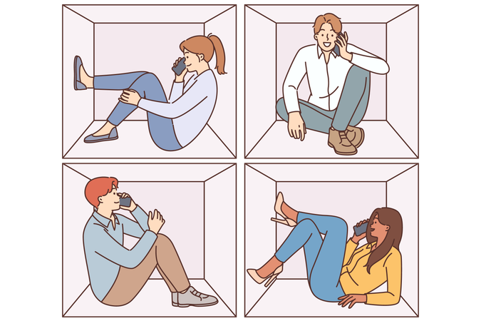 Les gens passent des appels téléphoniques assis dans des cubes exigus  Illustration
