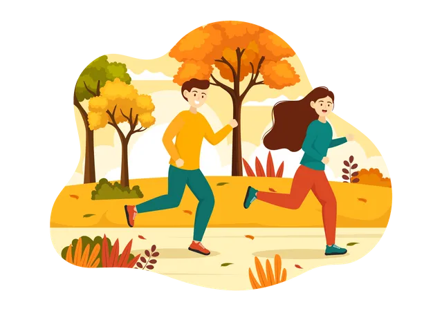 Gens faisant du jogging dans le parc d'automne  Illustration