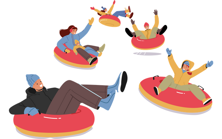 Les gens glissent sur la pente par Snow Tube pendant les vacances d'hiver  Illustration