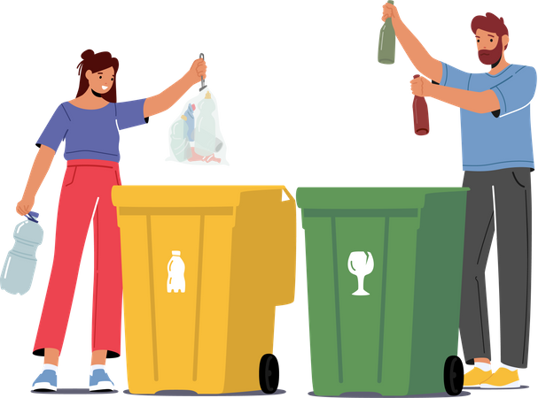 Les gens jettent leurs déchets dans les poubelles  Illustration