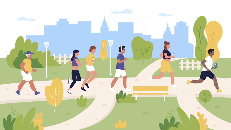 Les gens font du jogging dans le parc  Illustration