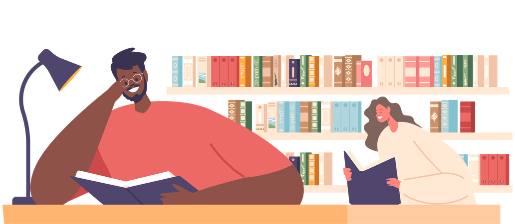 Les gens lisent dans une bibliothèque tranquille  Illustration