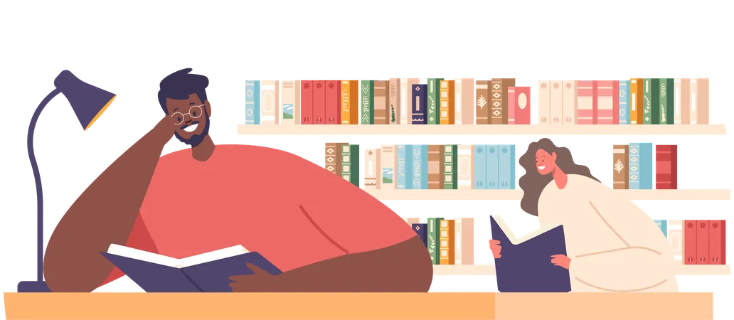 Les gens lisent dans une bibliothèque tranquille  Illustration