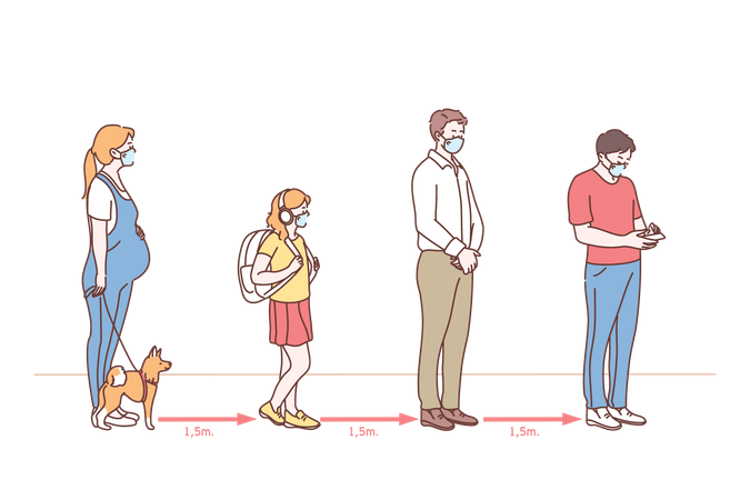 Les gens maintiennent leurs distances dans la file d'attente  Illustration