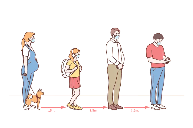 Les gens maintiennent leurs distances dans la file d'attente  Illustration