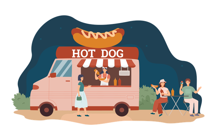 Les gens mangent des hot-dogs lors d'un dîner dans un food truck  Illustration