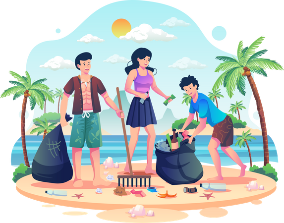 Les gens nettoient les déchets sur la plage  Illustration