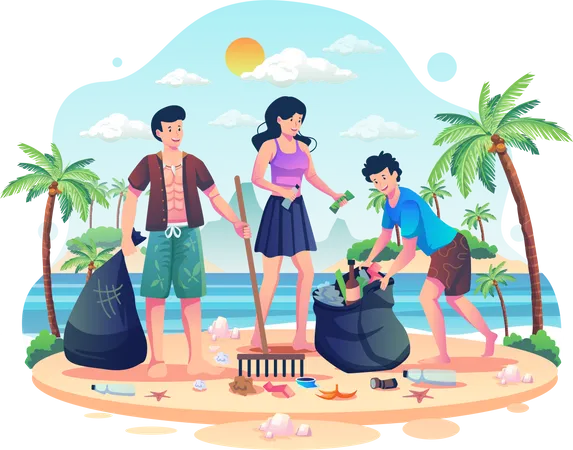 Les gens nettoient les déchets sur la plage  Illustration