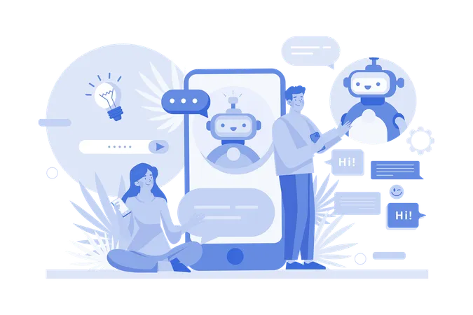 Les gens parlent avec des robots chatbots dans une application pour smartphone  Illustration