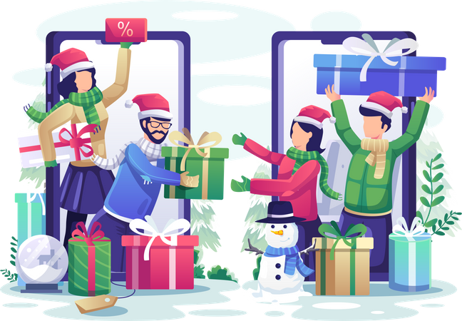 Les gens partagent des cadeaux de Noël via leurs smartphones  Illustration