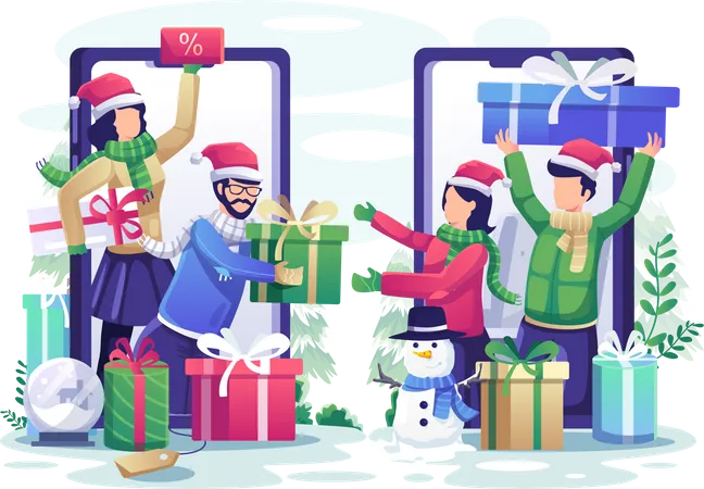 Les gens partagent des cadeaux de Noël via leurs smartphones  Illustration