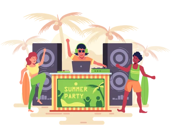 Gens dansant sur la plage lors d’une fête d’été  Illustration