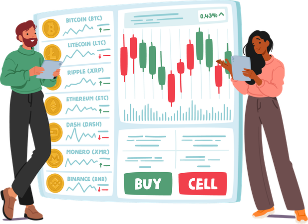 Les gens se livrent au trading de crypto-monnaie en achetant et en vendant des actifs numériques sur une plateforme en ligne  Illustration