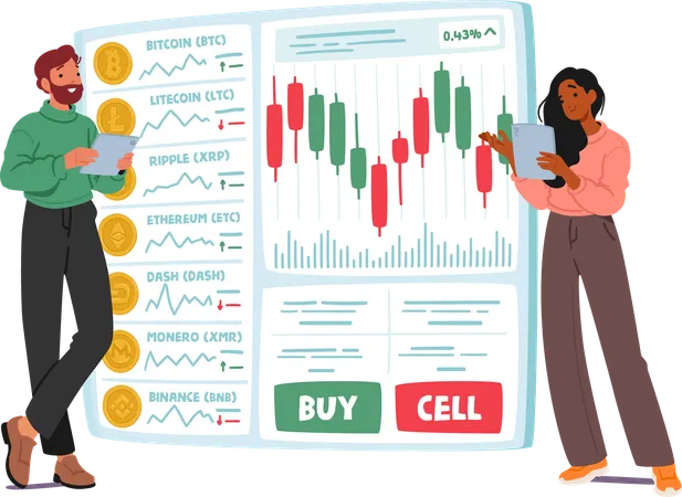 Les gens se livrent au trading de crypto-monnaie en achetant et en vendant des actifs numériques sur une plateforme en ligne  Illustration