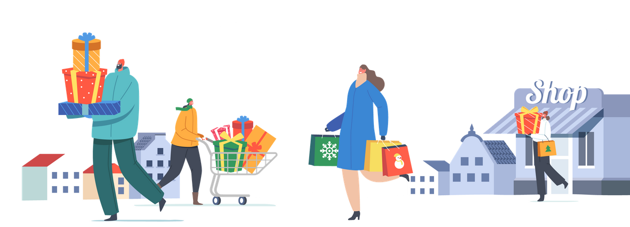 Les gens font du shopping pour Noël  Illustration