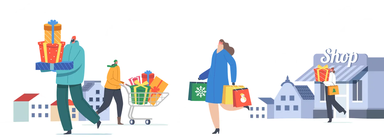 Les gens font du shopping pour Noël  Illustration