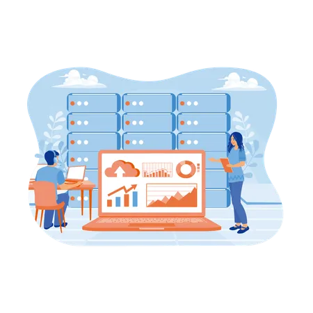 Les gens stockent des fichiers dans des centres de données connectés au cloud  Illustration