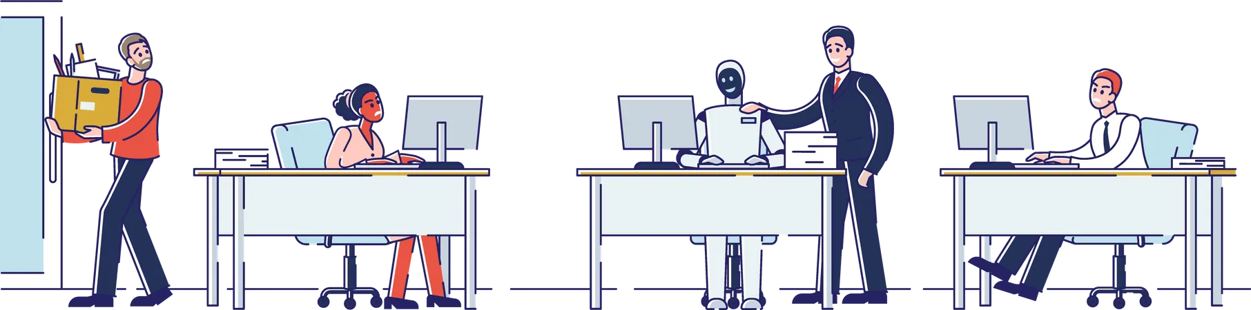 Les gens travaillent avec un robot au bureau  Illustration