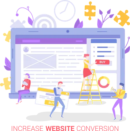 Les gens travaillent sur l'augmentation de la page Web pour la conversion des ventes en ligne  Illustration