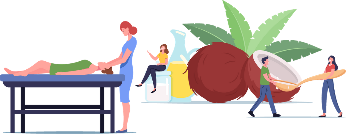 Les gens utilisent de l’huile de noix de coco dans un salon de spa pour masser et appliquer des soins du corps  Illustration