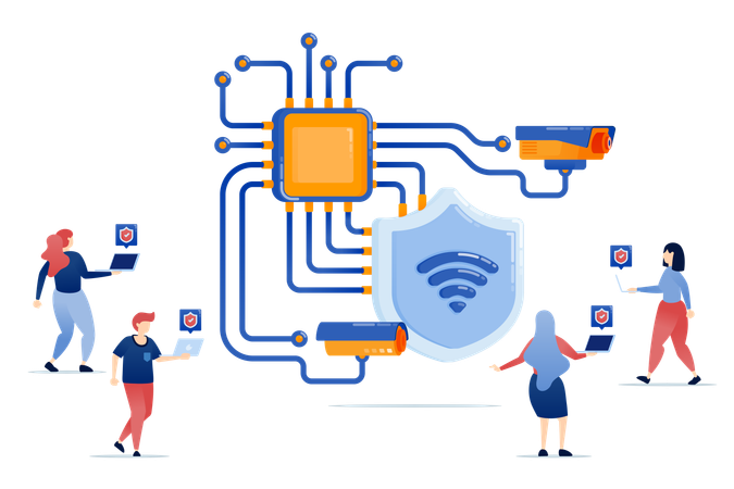 Les gens utilisent des systèmes de sécurité réseau sur le wifi basés sur des puces et l'IA  Illustration