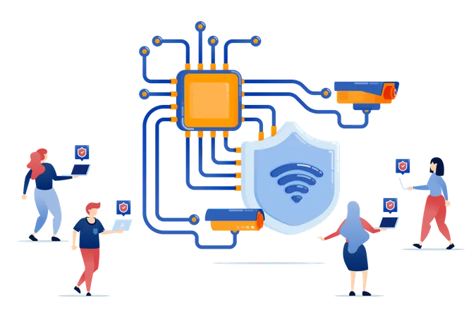 Les gens utilisent des systèmes de sécurité réseau sur le wifi basés sur des puces et l'IA  Illustration