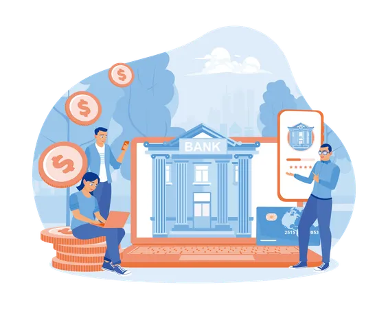 Les gens utilisent les services bancaires en ligne  Illustration