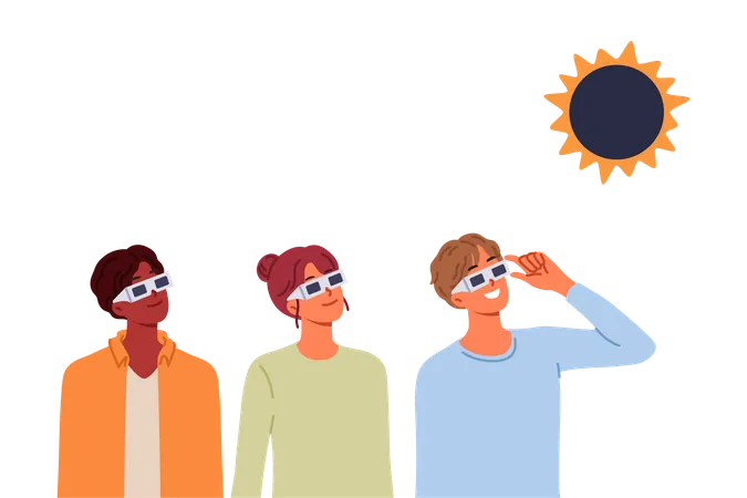 Des gens observent l’éclipse solaire à l’aide de lunettes jetables pour observer un phénomène astronomique rare  Illustration