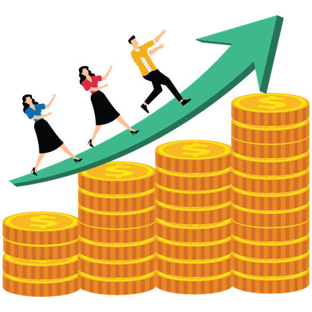 Les hommes d'affaires courent sur la flèche de la croissance sur le tas d'or  Illustration