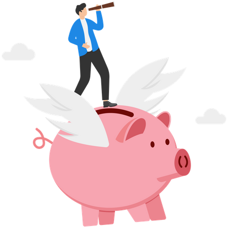 Les hommes d'affaires volent dans leur tirelire pour visionner la prochaine opportunité d'investissement  Illustration
